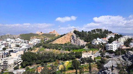 Panoramic view of the Tourkovounia hills from Attiko Alsos (grove). The tallest and most extensive hill range in central Attica, Tourkovounia divides the Athens basin into eastern and western parts, f