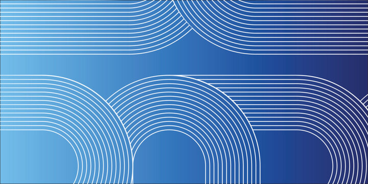 Abstract blue gradient background with white curved line arches and loops, modern geometric retro wave pattern for technology banner