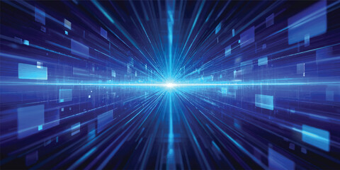 Abstract blue background with rays of glowing light and a futuristic technology burst creates a bright energy flash through a shiny motion tunnel in space © JAHURA