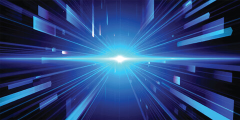 Bright abstract blue background featuring a star burst of glowing light rays and energy flashes in a shiny space design with a tech flare effect © JAHURA
