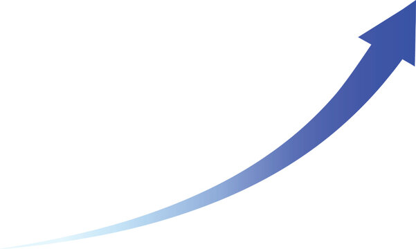 Blue upward arrow with smooth gradient curve showing growth trend. Modern progress symbol representing success and development. Minimal business graph element for analytics, finance, and marketing des
