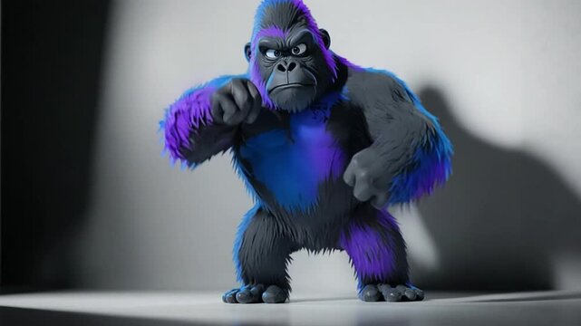 A colorful, cartoon-style illustration of a large, muscular gorilla with purple and blue fur, standing on a white floor with a shadowy background