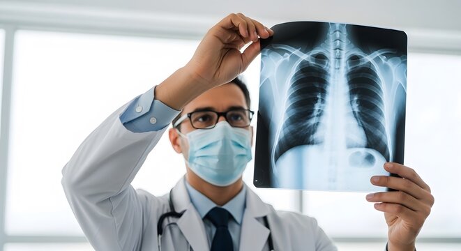 Doctor examines a chest x ray while wearing protective medical gear
