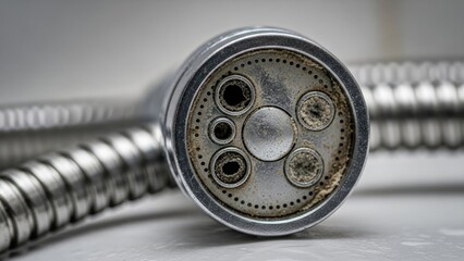 Close-up of a shower head with mineral deposits and a coiled hose