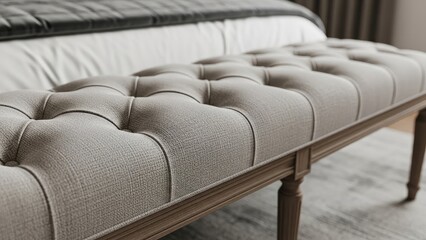 Fototapeta premium Close-up of button-tufted bench at foot of bed, showing texture and detail