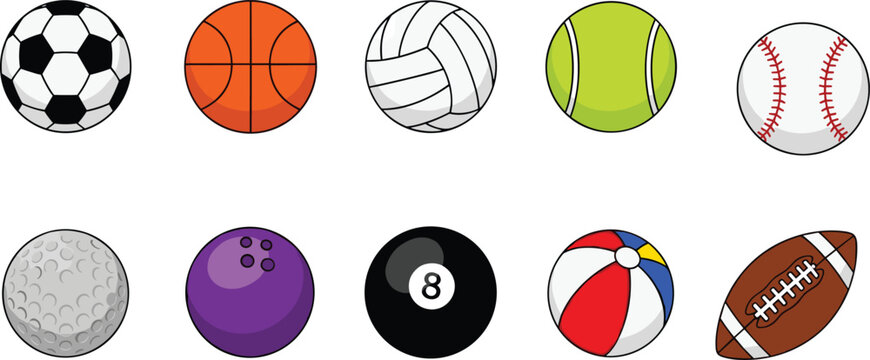Sports balls collection vector set, soccer basketball volleyball tennis baseball golf bowling billiard beach ball and american football illustration