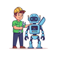 Fototapeta premium Engineer fixing a blue robot with a wrench, innovation, technology, and artificial intelligence concept