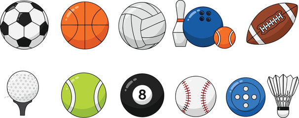 Sports equipment balls collection illustration, soccer basketball volleyball bowling baseball tennis golf billiard and badminton icons, athletic game vector set © MstSalema