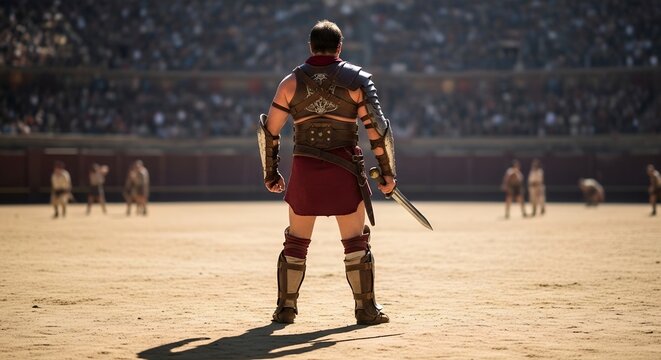 Ancient roman gladiator standing in an arena with a sword and gears.