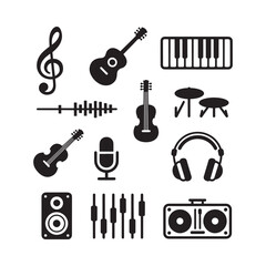 Fototapeta premium Musical instruments and audio equipment icons in a black and white design