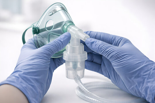 Photorealistic medical product shot of an unbranded nebulizer mask kit: clear/green-tinted transparent mask, soft silicone edges, elastic strap, attached corrugated oxygen tubing and simple nebulizer 