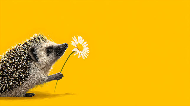 Hedgehog smelling daisy flower holding stem yellow background illustration