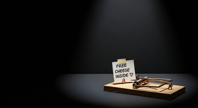 Wooden mousetrap with a sticky note reading free cheese inside, dark background setting for an April Fool's Day prank, conceptual image for scams and deception.