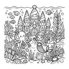 Fototapeta premium Mermaid Underwater Castle Scene Coloring Page for Kids Kawaii Bold Outline Smiling Art