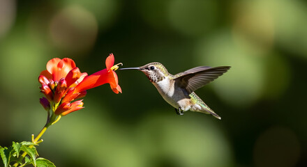 Fototapeta premium Hummingbird feeding on a vibrant red flower in a lush green environment