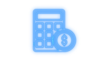 Modern colorful neon calculator icon with a prominent glowing dollar coin, representing finance, accounting, and business calculations, isolated on transparent background.