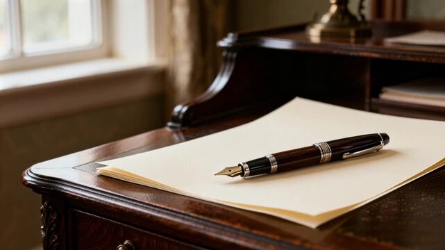 Elegant fountain pen lying on a stack of blank paper on top of a vintage wooden writing desk