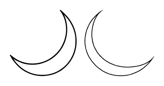 Celestial crescent moon set with black line art on white background featuring moon, galaxy, night sky with minimalistic and monochrome
