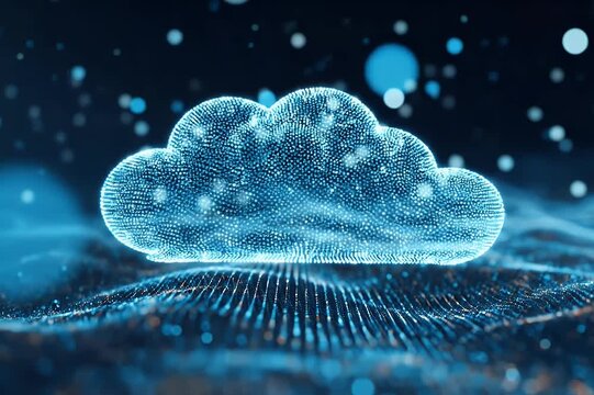 Abstract blue digital cloud formation hovering over a particle grid