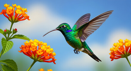 Hummingbird in flight amidst vibrant flowers