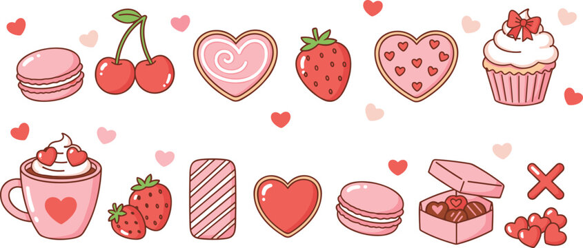 Charming collection of valentine's day sweets, snacks, and heart decorations with a lovely pink palette.
