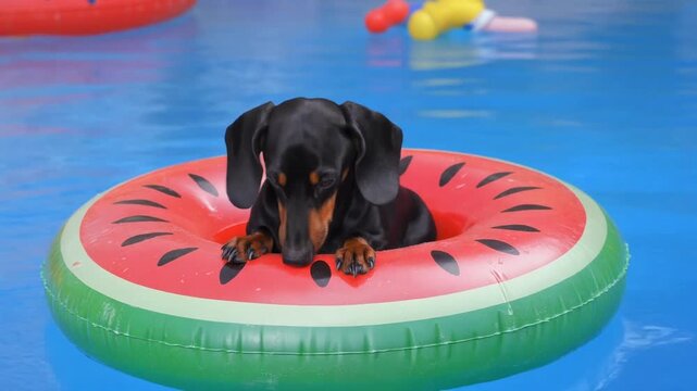 A black and brown dachshund sitting comfortably on a watermelon-shaped inflatable float in a pool