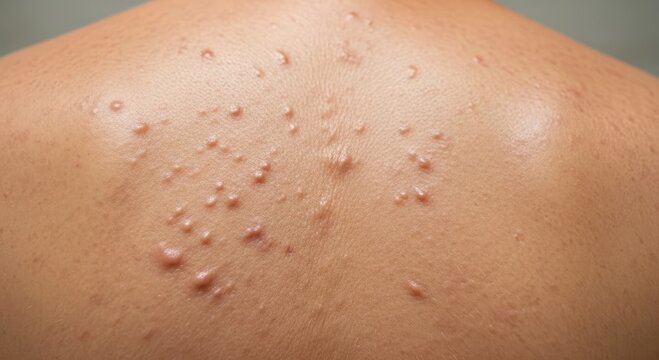 Close up view of human skin on back with acne inflammation pimples and hyperkeratosis. Concept of dermatology skin problems and medical condition.