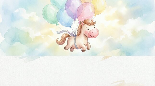 Enthusiastic little horse flies with balloons