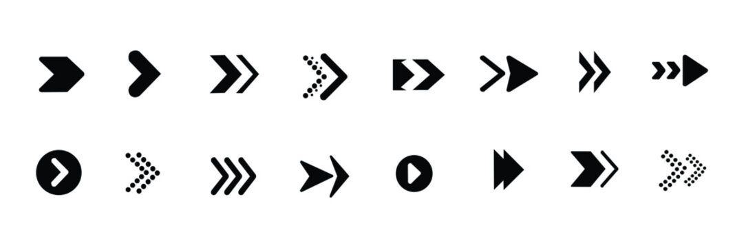 Fast forward arrow icon set. Play next navigation direction vector symbols isolated on white background