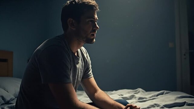 Man sitting on bed in a dark room with a contemplative expression.