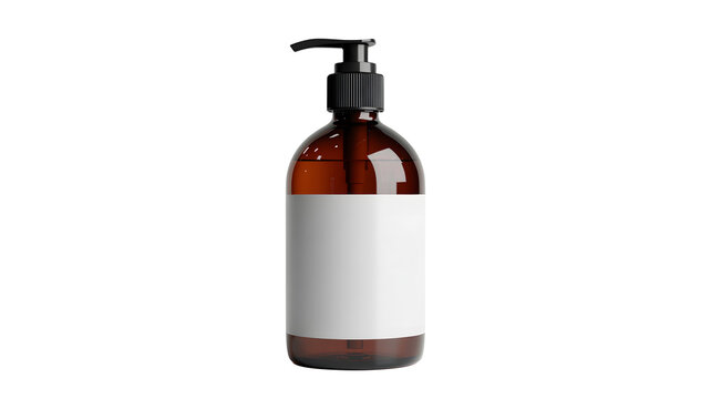 A professional studio shot of a cosmetic amber brown glass pump bottle with a black dispenser and a blank white label ar