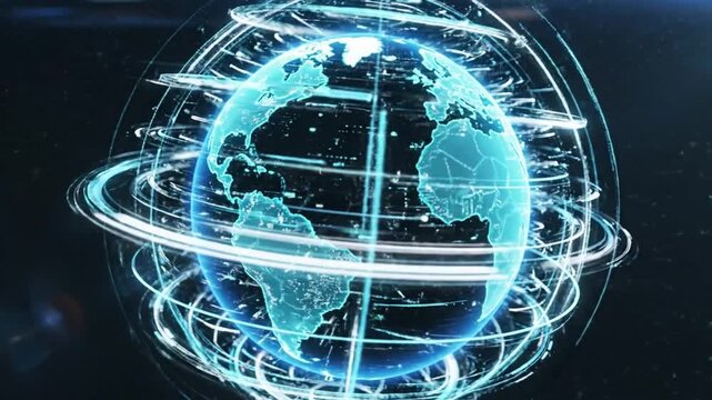 Futuristic Digital Earth Globe with Glowing Rings and Global Communication Concept on a Dark Background