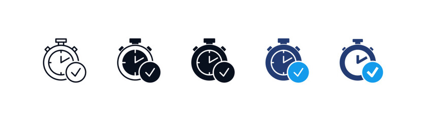 Stopwatch checkmark icon symbol set representing time management, task completion, productivity, efficiency goals, and deadline tracking in outline and glyph styles. © icons gate