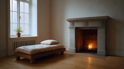 Naklejka premium Minimalist room with a daybed and a warm glowing fireplace illuminated by natural light