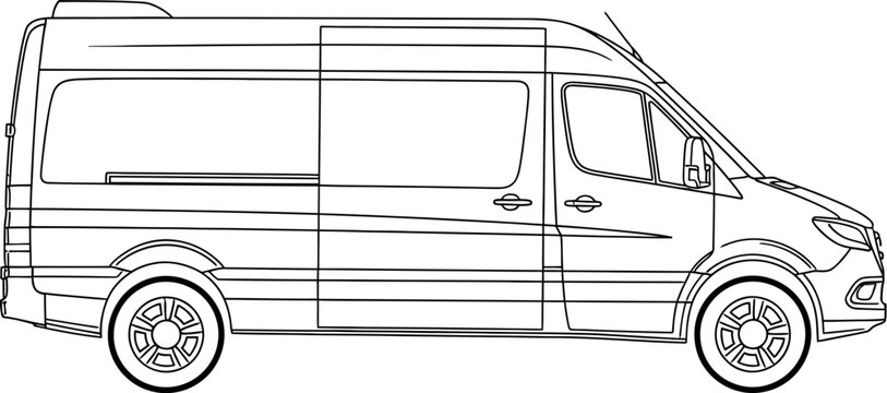 Side view line art illustration of a modern commercial cargo delivery van.