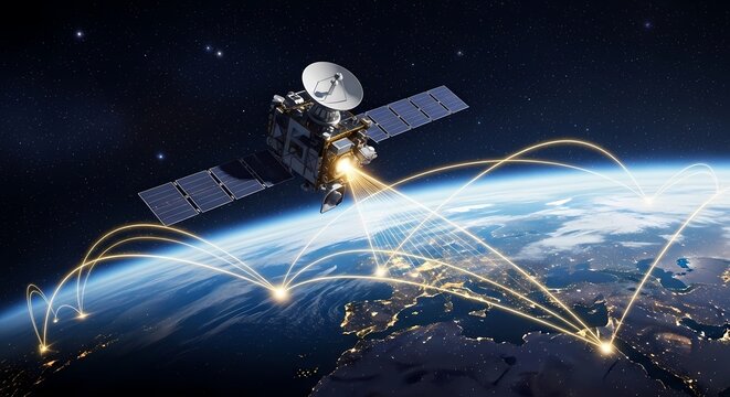 Satellite orbiting Earth on World Telecommunication Day with global connections