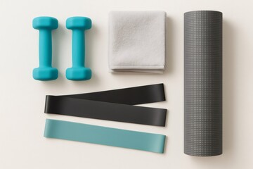 Fitness equipment laid out on a light background, including dumbbells, resistance bands, a yoga mat, and a towel, representing dedication to health and wellness