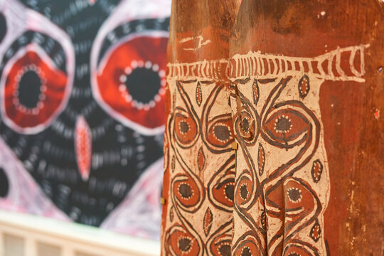 Colorful didgeridoo musical instrument with traditional Aboriginal design