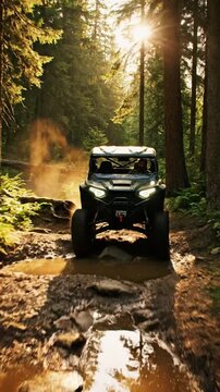 Off-road UTV driving through a sun-drenched forest trail.