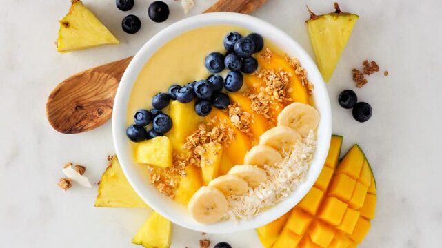 Healthy pineapple, mango smoothie bowl with coconut, bananas, blueberries and granola. Slow rotating zoom motion. Above view table scene on a bright background.
