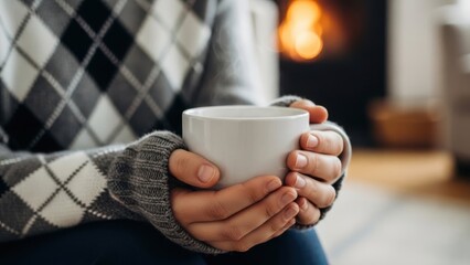 Cozy morning coffee by the fireplace