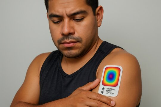 Adult male wearer is checking his body temperature with a portable thermal sensor patch on his upper arm, representing modern health monitoring and personal wellness technology