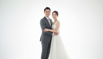 Fototapeta premium Full length portrait of an Asian bride and groom in wedding attire. Happy couple in suit and lace dress on white background. Marriage and celebration concept