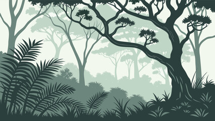 Flat Design Vector Illustration of Misty Forest Landscape with Tree Silhouettes © SABIHA