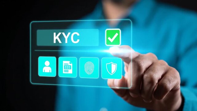 Business professional approving KYC verification on digital screen with futuristic blue glow