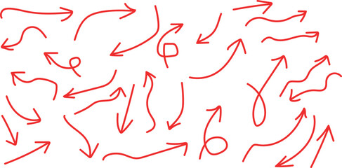 Hand drawn red arrow collection with curved direction arrows vector set