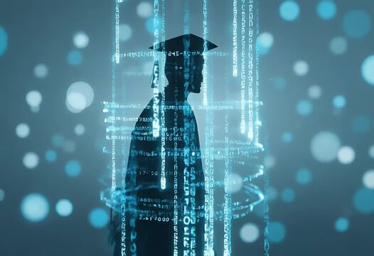 Silhouette of a graduate in academic regalia against a backdrop of digital code