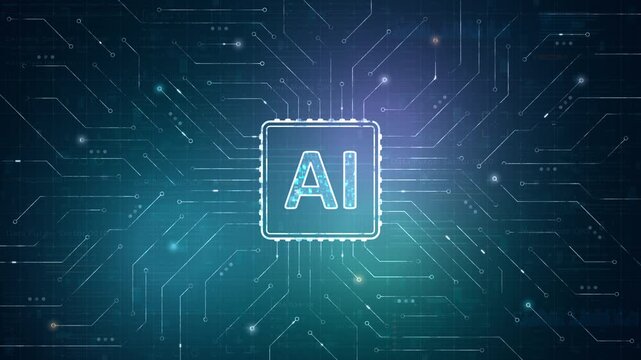 AI processor chip with glowing digital circuit network, artificial intelligence technology concept with futuristic microchip interface designed for data processing and innovation background.