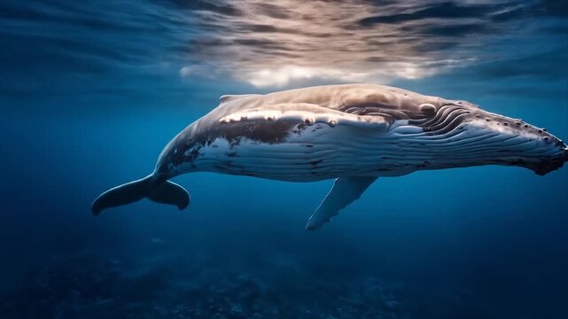 Humpback whale swimming underwater in the ocean sunlight aquatic life