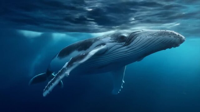 Humpback whale swimming underwater with sunlight and calm ocean